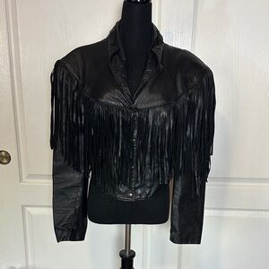 80s VINTAGE GENUINE BLACK LEATHER FRINGE JACKET BIKER MOTO WESTERN
